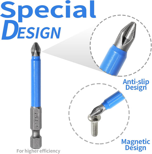 10 Pcs Magnetic Phillips Screwdriver Bit Set, 2.56 Inch Long PH2 Non-Slip Electric Screwdriver Bits with 1/4" Hex