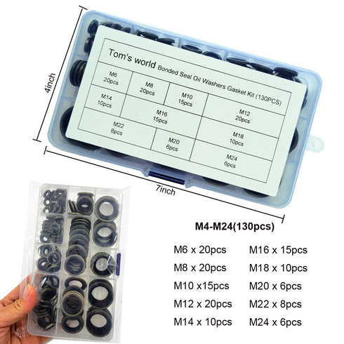 Tom's World 130Pcs Self-Centered Bonded Seal Oil Washers Gasket Assortment Kit for Plumbing and Automotive