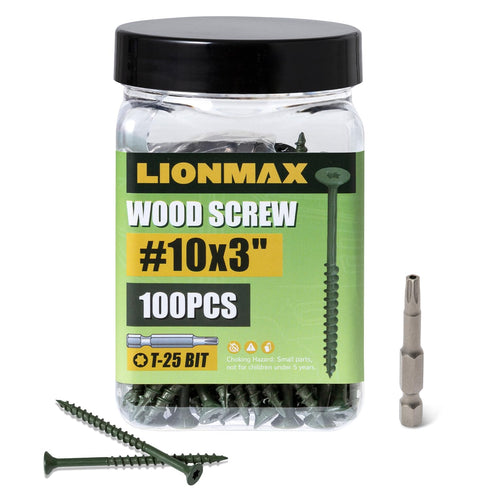 LIONMAX 3 Inch Deck Screws #10 x 3", 100 PCS, Rust Resistant, Exterior Epoxy Coated, T25 Star Bit Included, Green