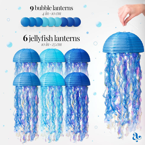 Avoseta (15pcs, Jellyfish Paper Lanterns and Bubbles - Under Sea Party Decorations, Mermaid Party Decor, Mermaid