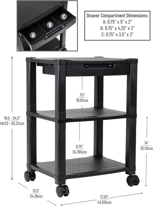 Mind Reader 2 3 Compact Rolling Printer Cart, Utility Stand with Wheels and Drawer, Space Saving Printer Stand for Home