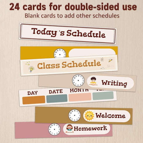 Boho Daily Schedule Pocket Chart for Classroom, 24 Double Sided Cards for Visual Schedule, Back to School Decorations
