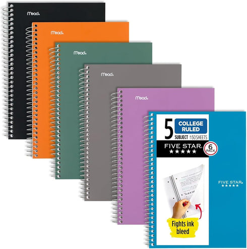 Five Star Spiral Notebooks, 6 Pack, 5 Subject, College Ruled, 9 1/2" x 6", 150 Sheets, Amethyst Purple and More