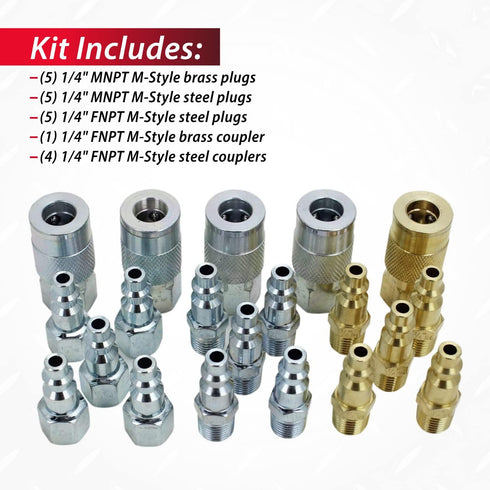Milton EXELAIR EX0320MKIT - Air Coupler and Plug Accessory Kit, 20-Piece, 1/4" M-Style Steel/Brass