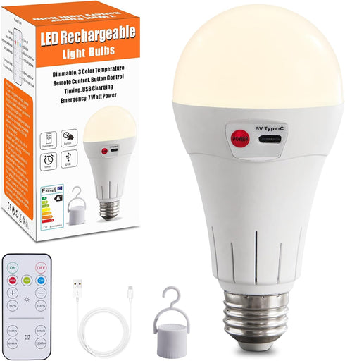 Cordless Rechargeable Battery Operated Light Bulbs, 1 Pack, E26 Wireless LED Bulb, 500LM, Dimmable, 3 Color Temperatures