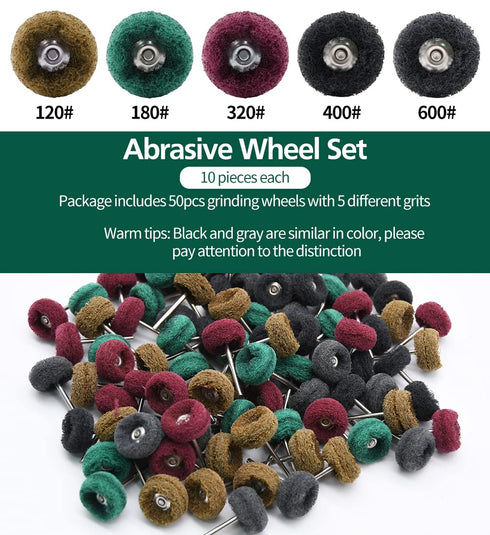 50/100/200pcs Abrasive Wheel, 1" Buffing Polishing Wheels, Metal Polishing Compound for Rotary Tools-1/8"(3mm) Shank, 120 Grit, 180 Grit, 320 Grit, 400 Grit, 600 Grit(50pcs)