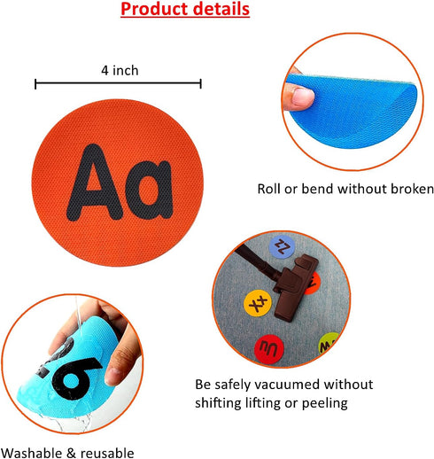 Carpet Dots with Alphabet A-Z, 4 Inch Circle Velcro Floor Dots, 6 Colors for Teacher Preschool Classroom
