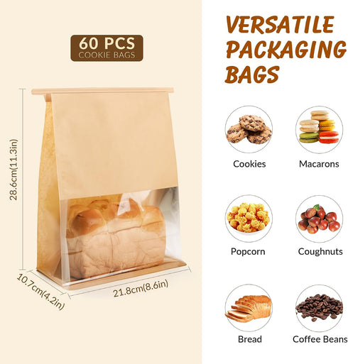 Cegzer 60 4.2x8.6x11.3 Inches Packaging Pcs Bread Bags for Homemade Bread, Sourdough Paper With Window, Ties Tab Lock
