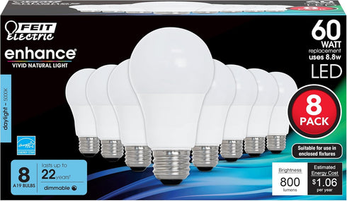 Feit Electric A19 LED Light Bulbs, 60W Equivalent, Dimmable, 800 Lumens, 5000K Daylight, 8 Pack