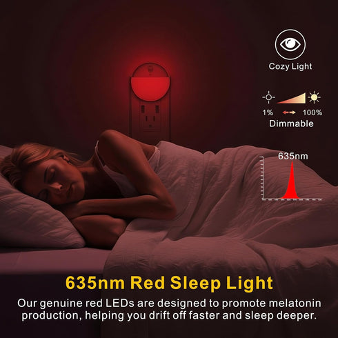 YUNLEX 2 Pack 3 Dimming, Plug in Red Sleep Night Light, Dusk to Dawn, Lighting Ways, Soft Glow, Stepless LED Lights