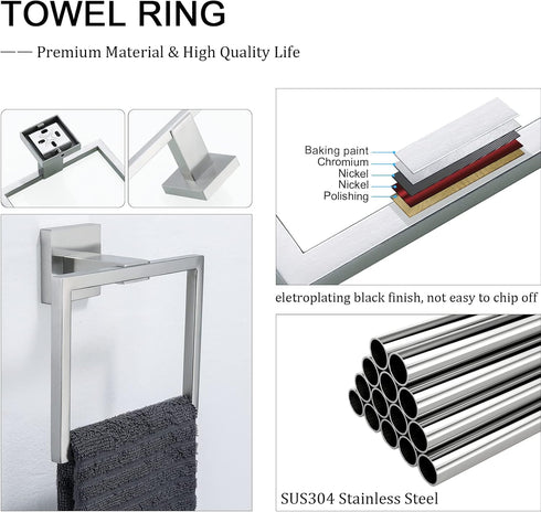 TNOMS Brushed Towel Ring, Modern Square Hand Towel Bar for Bathroom, Wall Mount Stainless Steel.
