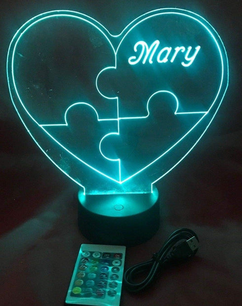 16 Puzzle Piece Autism Heart Night Light Up Lamp LED Stand Engraved Table Lamp Custom Engraved Room Decor Featuring