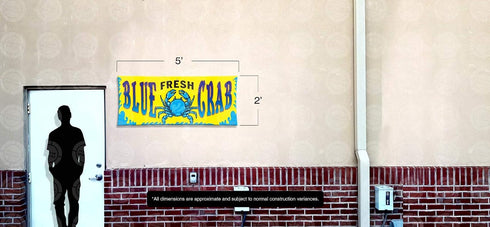 Stellar Displays (2ft 5ft) FRESH BLUE Crab Banner X Seafood Sign Fish Display Colorful Outdoor Vinyl Poster