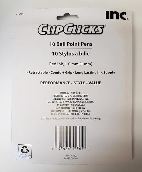 Clip Clicks by INC - Retractable Comfort Grip Ball Point Pens - 1.0mm - 10 Pack - Red Ink