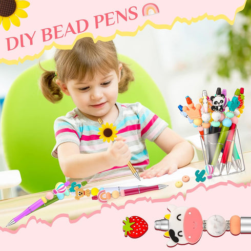 Ctosree 12 Pcs Beadable Pens Kit, DIY Cute Animals Bead Pens Making Kit with Black Ink for School Supplies