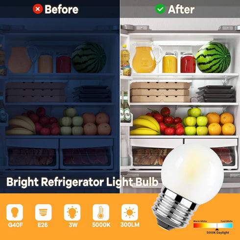 Dimmable 3W Bulb 25 Bulbs, 5000K, E26 300 90+, G40 3 Bulbs Bulb, Refrigerator,2 Pack LED Equivalent Watt Light Daylight