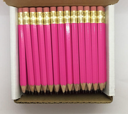 Express Pencils Deep Pink Half Pencils with Eraser - Golf, Classroom, Mini, Hexagon, Non Toxic, #2 Pencil (Box of 48)