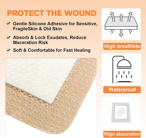 Carbou Silicone Foam Dressing with Adhesive Gentle Border, 3"x3" Waterproof Wound Dressing Bandage, 10 Pack