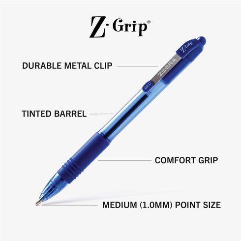 Zebra Pen Z-Grip Retractable Ballpoint Pen, Medium Point, Blue Ink, 18-Pack, Model Number: 22258
