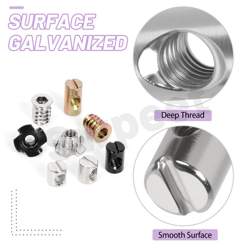 Swpeet 60Pcs M610/12/15/20 4-Pronged Nickel Plated Barrel Nuts with Threaded Inserts and T-Nuts Assortment Kit, Cross