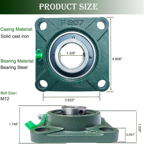 2 Pack UCF207-22 Pillow Block Bearing, Square Flange 4 Bolt Mounted, 1-3/8" Bore, Solid Cast Iron Base
