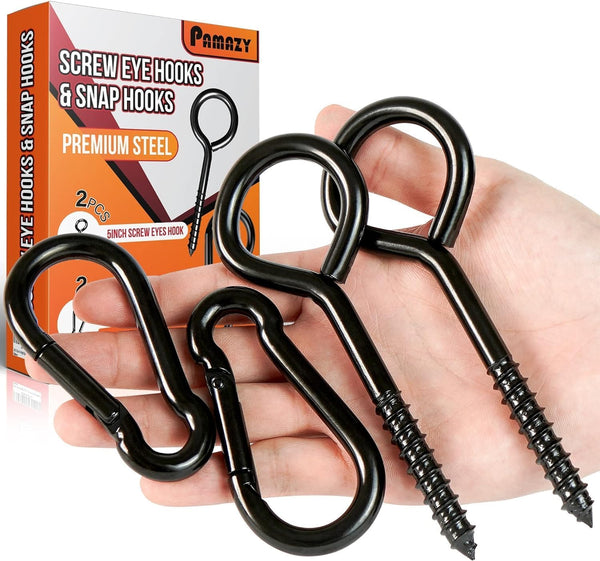 2PCS 5Inch Plated Screw Eyes Hook & 2PCS 8MM Snap Hooks for Securing Cable Wires, Hammock Stand, Indoor & Outdoor