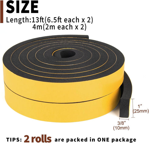 Yotache 2 Rolls Black Foam Strips with Adhesive, 1" W X 3/8" T, Weather Stripping Door Seal Tape