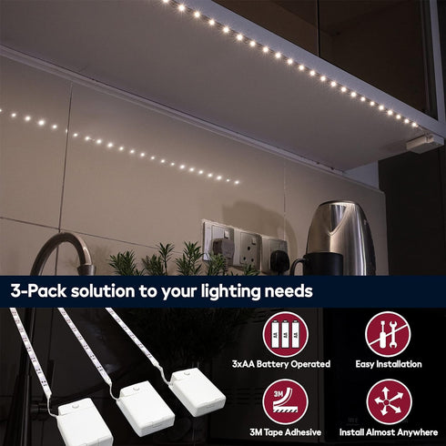 3 Pack 40 Inch 2700K BestLuz Battery Powered LED Strip Lights, Battery Operated LED Strip Lights for Shelves and Under