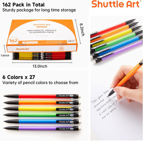 Shuttle Art Mechanical Pencils, 162 Pack Bulk 0.7mm Medium Point, HB #2 Lead Pencils, Assorted Barrels for School