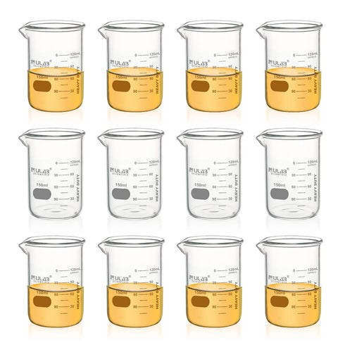 ULAB Heavy Duty Glass Beakers, 12pcs, 150ml (5.07oz), Borosilicate 3.3 Glass, Thick Wall, Double Scale, UBG1054