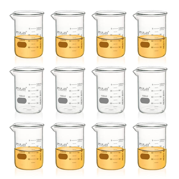 ULAB Heavy Duty Glass Beakers, 12pcs, 150ml (5.07oz), Borosilicate 3.3 Glass, Thick Wall, Double Scale, UBG1054