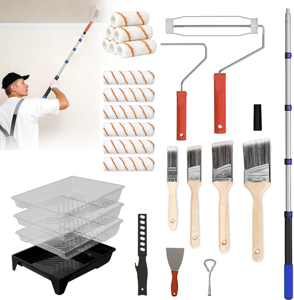 Veebuyla Paint Roller Kit with Extension Pole, 2-4FT Adjustable Pole, Professional 27-Piece Paint
