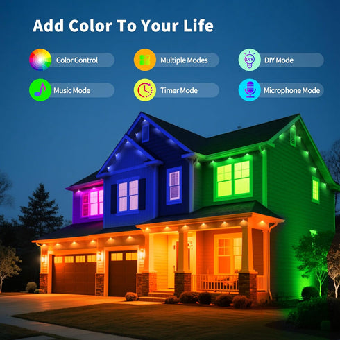 100ft Dynamic Smart RGB LED Permanent String Lights App Remote Color Sync Waterproof Outside House Lights Outdoor
