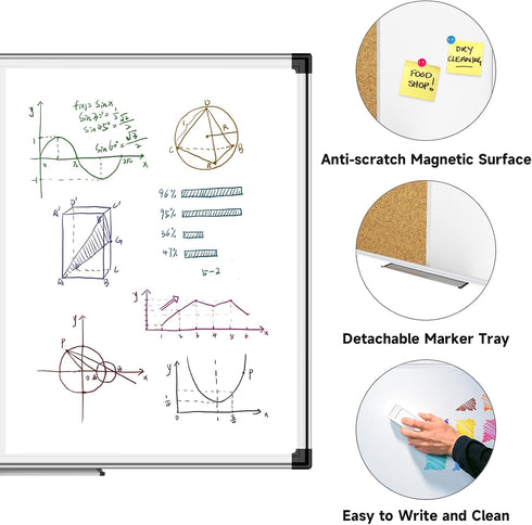 XBoard 36 x 24 Inch Magnetic White Board and Bulletin Corkboard Combo, Half Dry Erase & Cork Board with Aluminum Frame