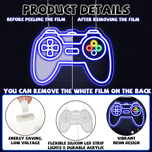 Gamer Neon Sign for Teen Boys Girls Gift Blue Gamepad Shaped LED Light Hangings Cool Gaming Light up Sign Decoration