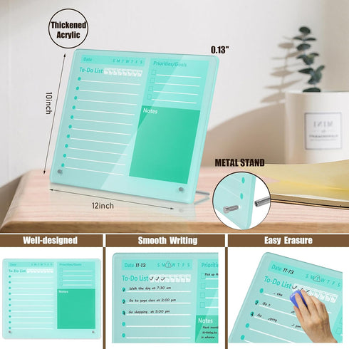 Desktop Thickened Acrylic Dry Erase Board - 12"x10", Tabletop Planner Board with Stand, Frameless Green Dry Erase White