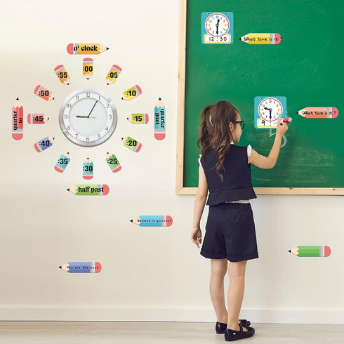 Yeaqee 31 Pcs Telling Time Bulletin Board Analog Clock Practice Writable Dry Erase Demonstration Teaching Time Practice Clock with Dry Erase Pens for Home School Classroom Supplies