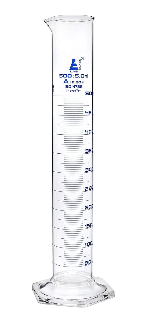 EISCO Graduated Cylinder 500ml - Class A Tolerance ±2.50ml - Borosilicate 3.3 Glass - Hexagonal Base with Blue