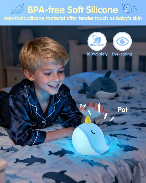 30-Min Fuloon Narwhal Night Light with Whale Shape, Squishy Silicone Kids Lamp, Safe & Soothing Touch Control for Kids