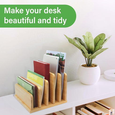 Desk File Mail Organizer, 5 Slots Bamboo Folder Sorter for Letter, Envelope, Paper, Desktop Tray