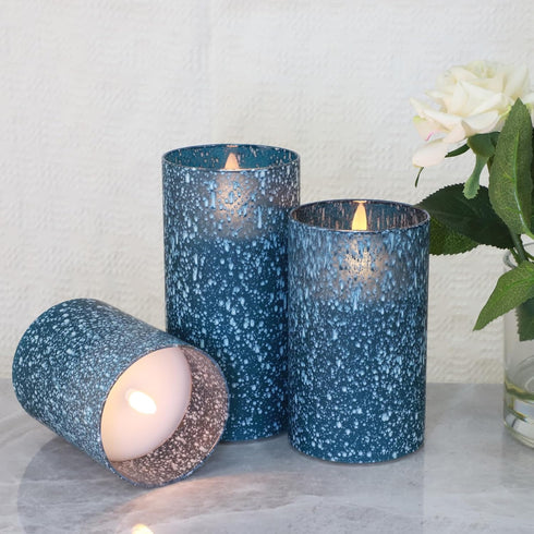 Set 3 Blue Flameless Candles with Remote and Timer, Real Wax Battery Operated Candles with Flickering Flame, Glass LED