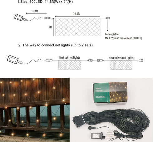 300LED 14.8ft 5ft 8 Net Lights, x Modes Connectable Christmas Outdoor String Mesh Lights, Waterproof Decorative Fairy