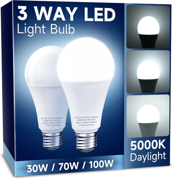 2 Pack 3 Way LED Light Bulbs, 30 70 100W Equivalent, Daylight White 5000K A19 E26, Indoor 3-Way Light Bulbs for Desk &