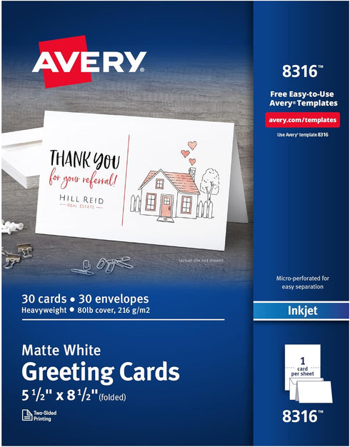 Avery Printable Half-Fold Greeting Cards, Envelopes Included, 5.5" x 8.5", Matte White,