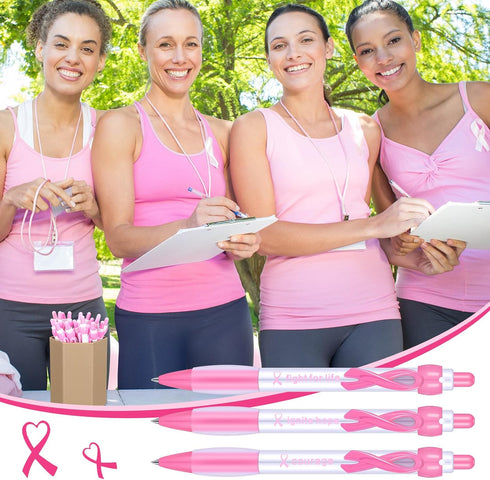 Yeaqee 100 Pcs Pink Breast Cancer Awareness Pen | 0.7 mm Black Ink Cancer Awareness Ribbon Pen with Rubber Grip