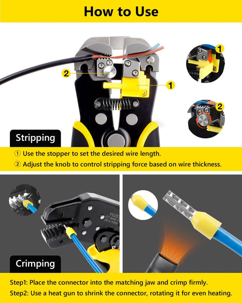4 (24-14AWG) YUZES Automatic Wire Stripper and Crimping Tool Kit for Heat Shrink, Insulated Terminals, Open Barrel