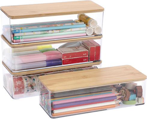 BTSKY 4 Pack Clear Pencil Box with Bamboo Lids, Stackable Office Supplies