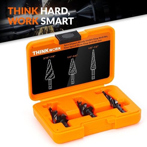 THINKWORK 3 Pcs Spiral Flute Step Drill Bit Set, HSS Step Bits (1/8"-7/8") with Tool Box, 1/4" Shank