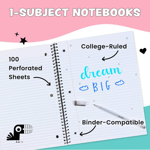 Yoobi College Ruled Spiral Notebook Set — Bulk 6-Pack of 1 Subject Notebooks, Ice Cream, Palm Leaves & Flamingo Designs by Yoobi