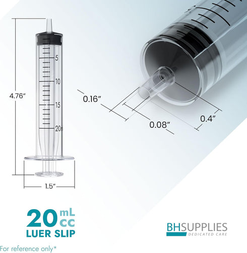 BH Supplies 20ml Luer Slip Tip Syringes (No Needle), Sterile Individually Wrapped - 50 Syringes